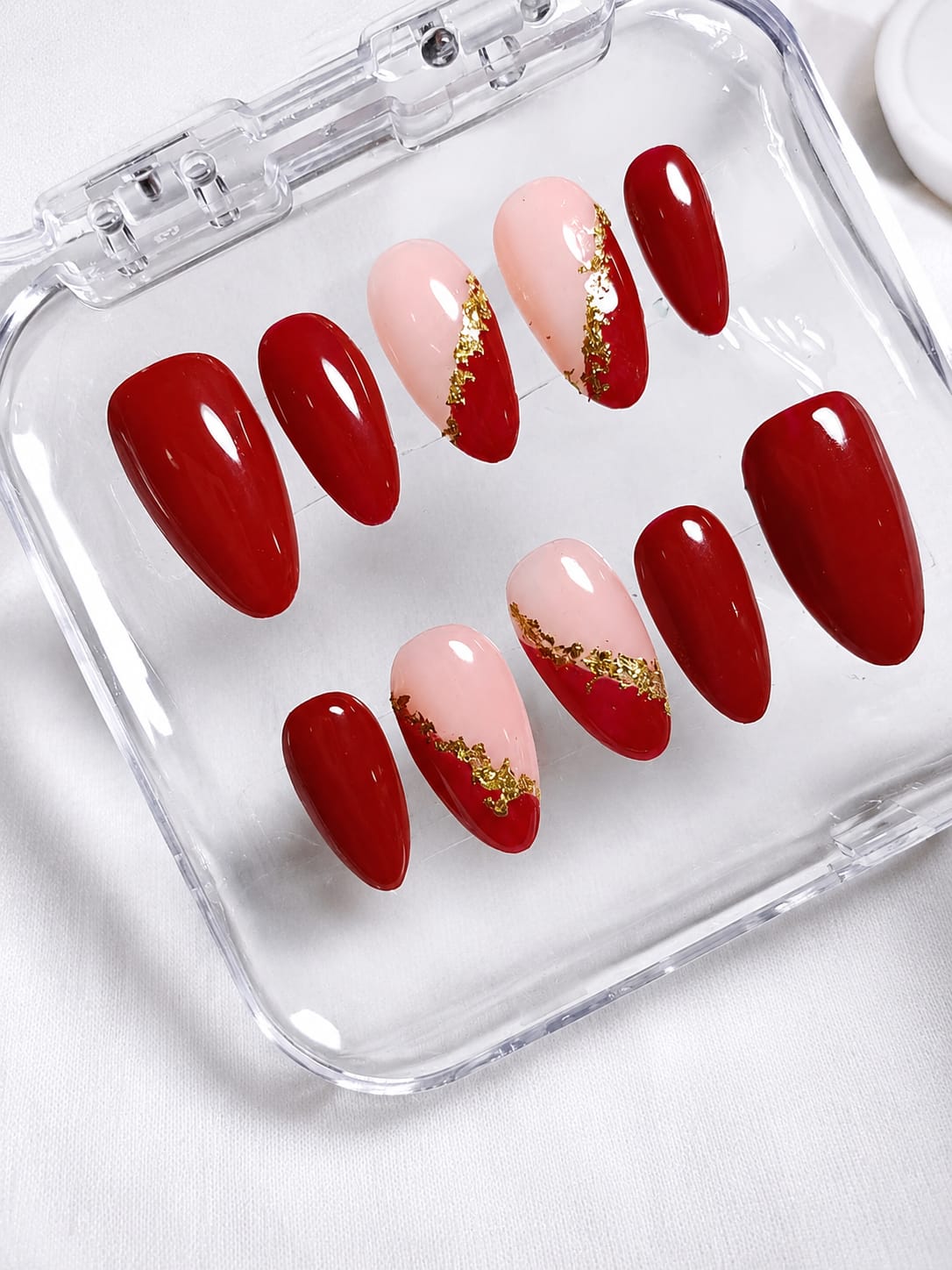 Elegant Maroon & Blush Pink Golden Foil Press On Nails